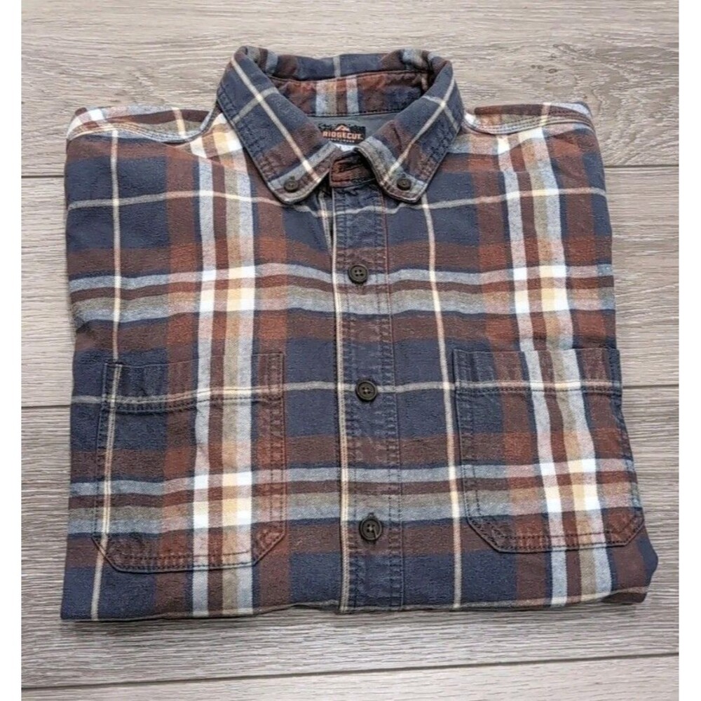 RIDGECUT TOUGHWEAR SHIRT MEN'S SZ L RUST/GRAY/PLAID LONG SLEEVE BUTTON DOWN EUC